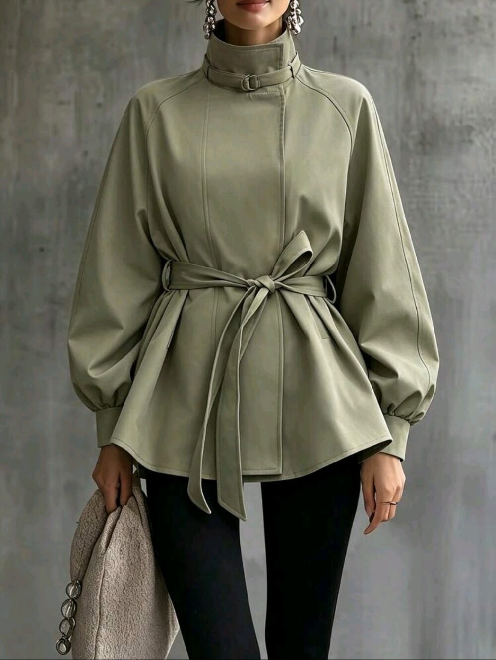Autumn/Winter Grey-Green Stand Collar Waist-Cinching Tie-Front Mid-Length Jacket - Picture 5 of 6